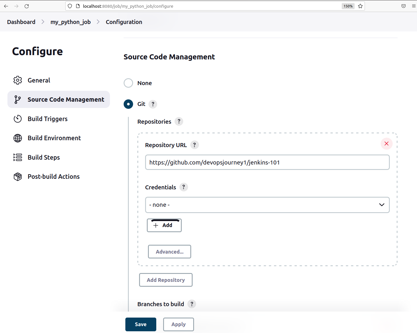 Настройка Jenkins для запуска скрипта из github репозитория Source Code Management изображение с сайта www.eth1.ru